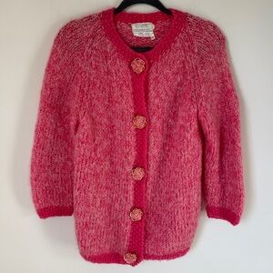 Vintage 60s Wool Mohair Pink Cardigan Sweater Hand Knit Flower Buttons Italy 36